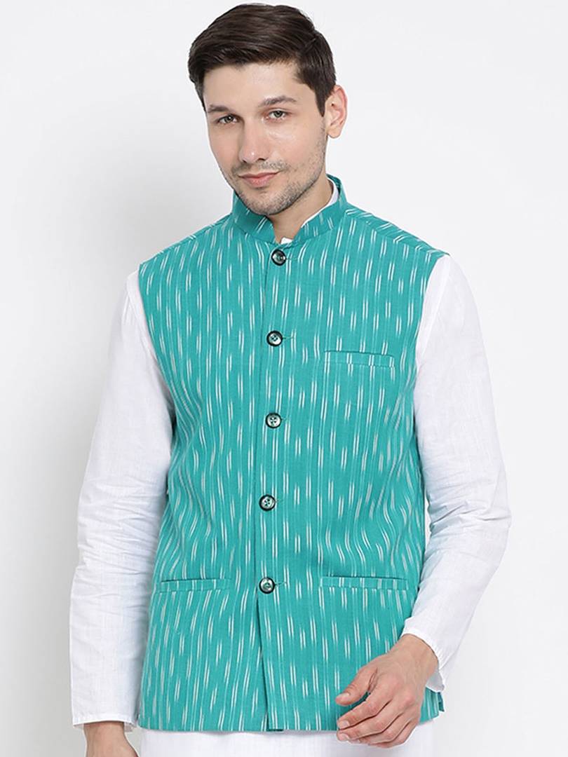 Men's Turquoise 
Cotton Blend
 Woven Design Nehru Jackets
